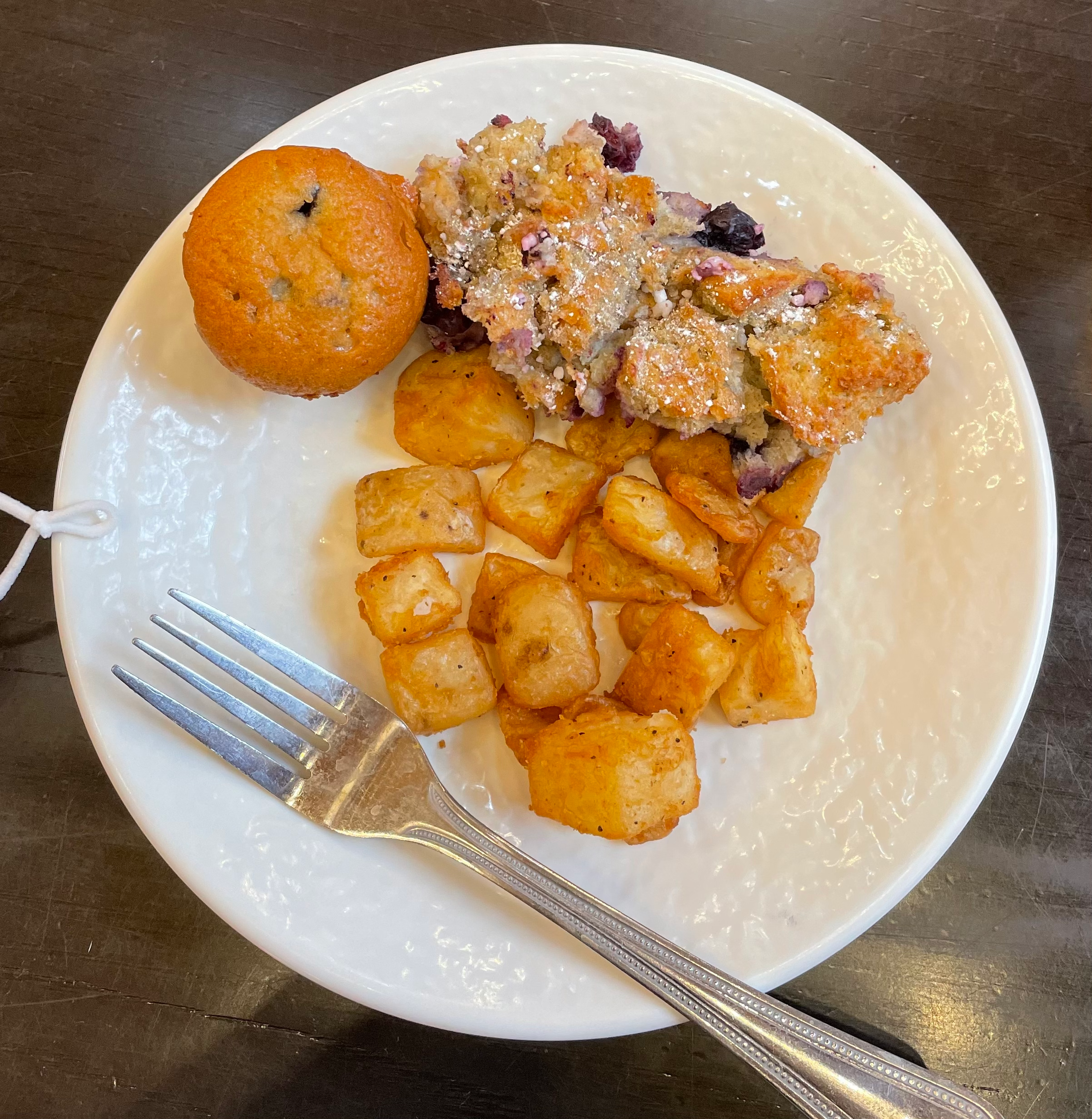 Blueberry muffin, blueberry muffin bake, and fried potato cubes