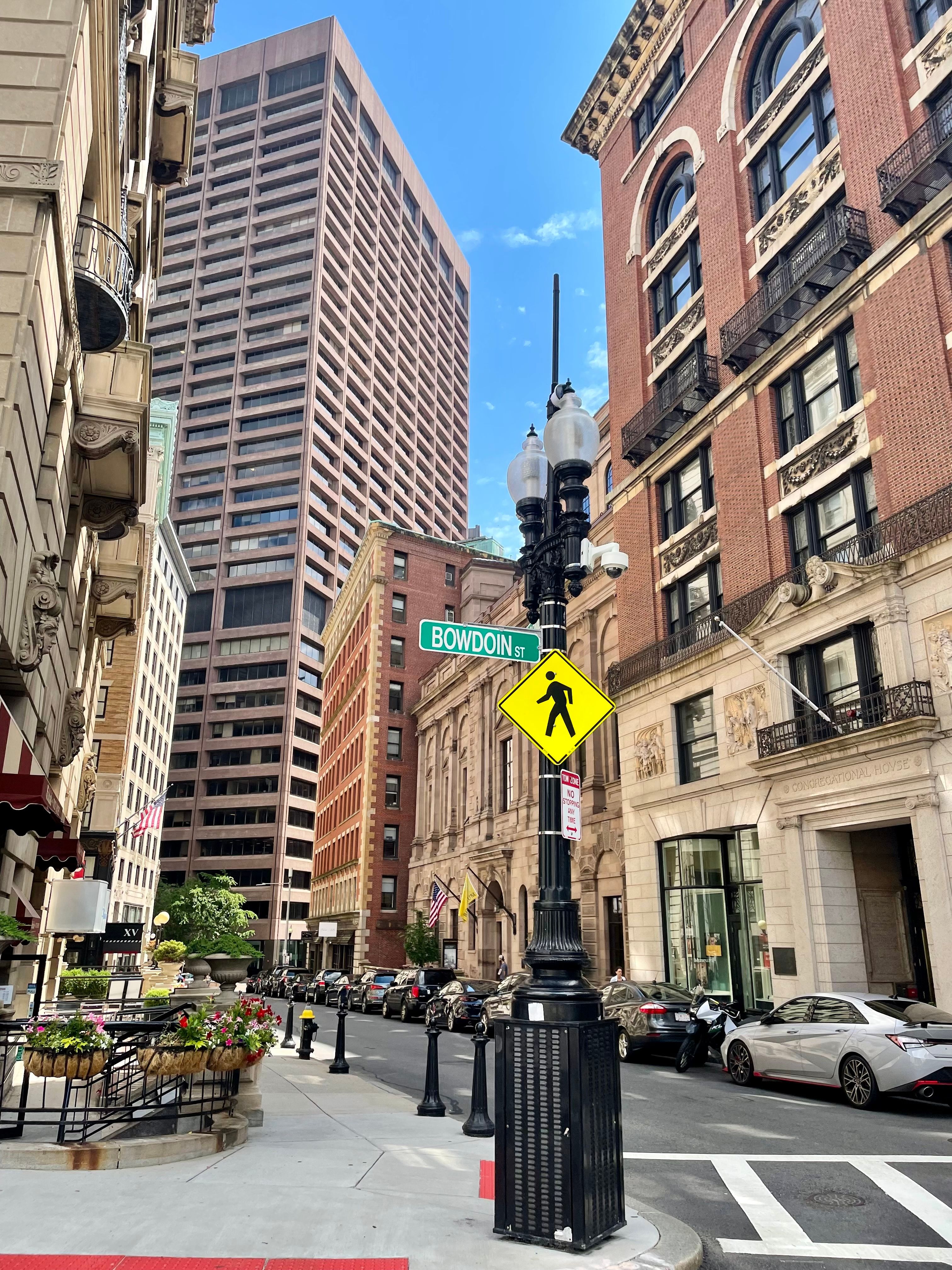 Bowdoin Street in front of the State House, with the Athenaeum in the background