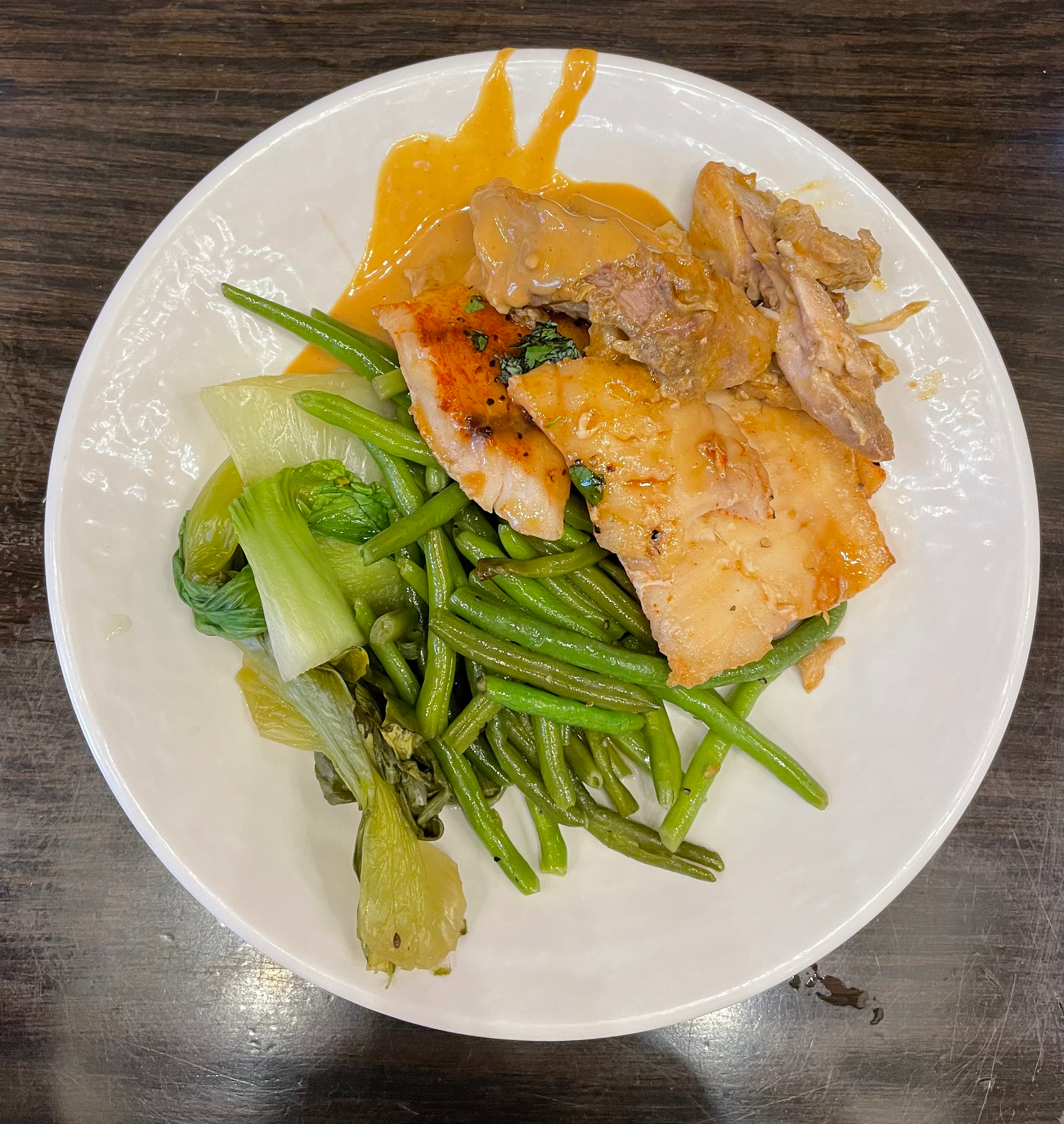 Curry chicken, green beans, and bok choy