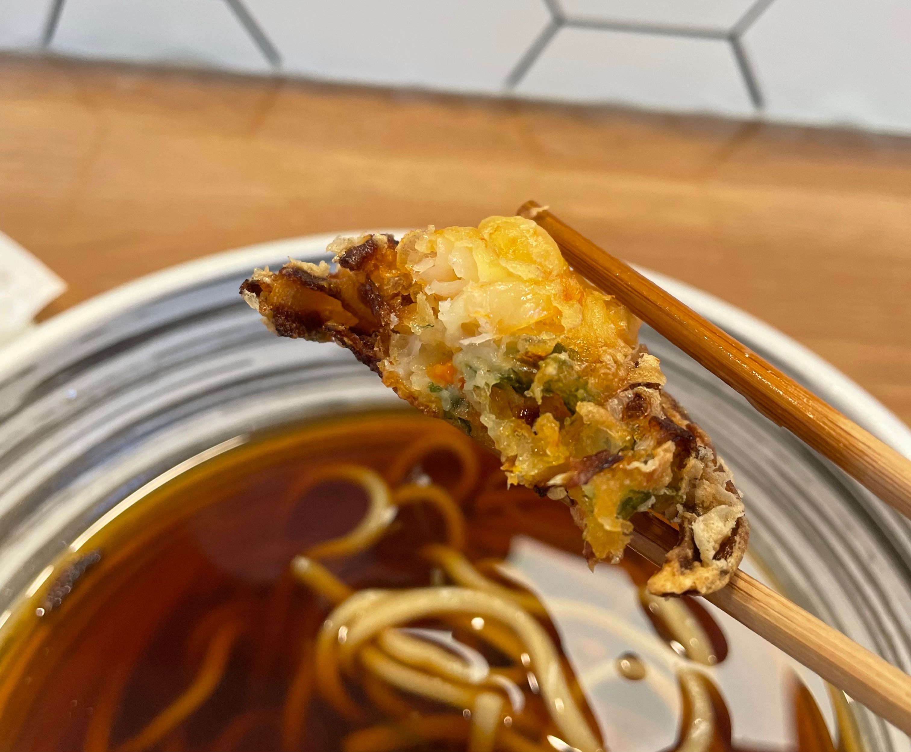 closeup of the shrimp and shredded vegetable tempura