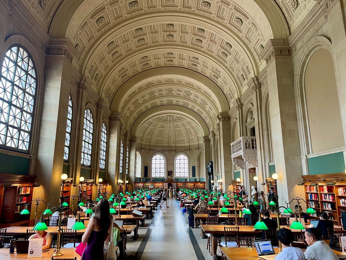 the famed view of the Boston Public Library's interior