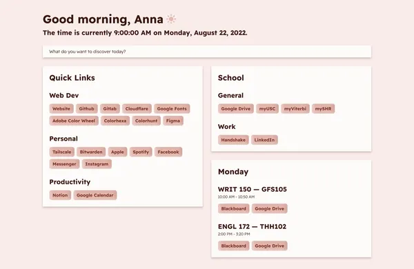 Organizational hub filled with time-dependent messages and quick links, built with Astro and HTML, CSS, and JavaScript.