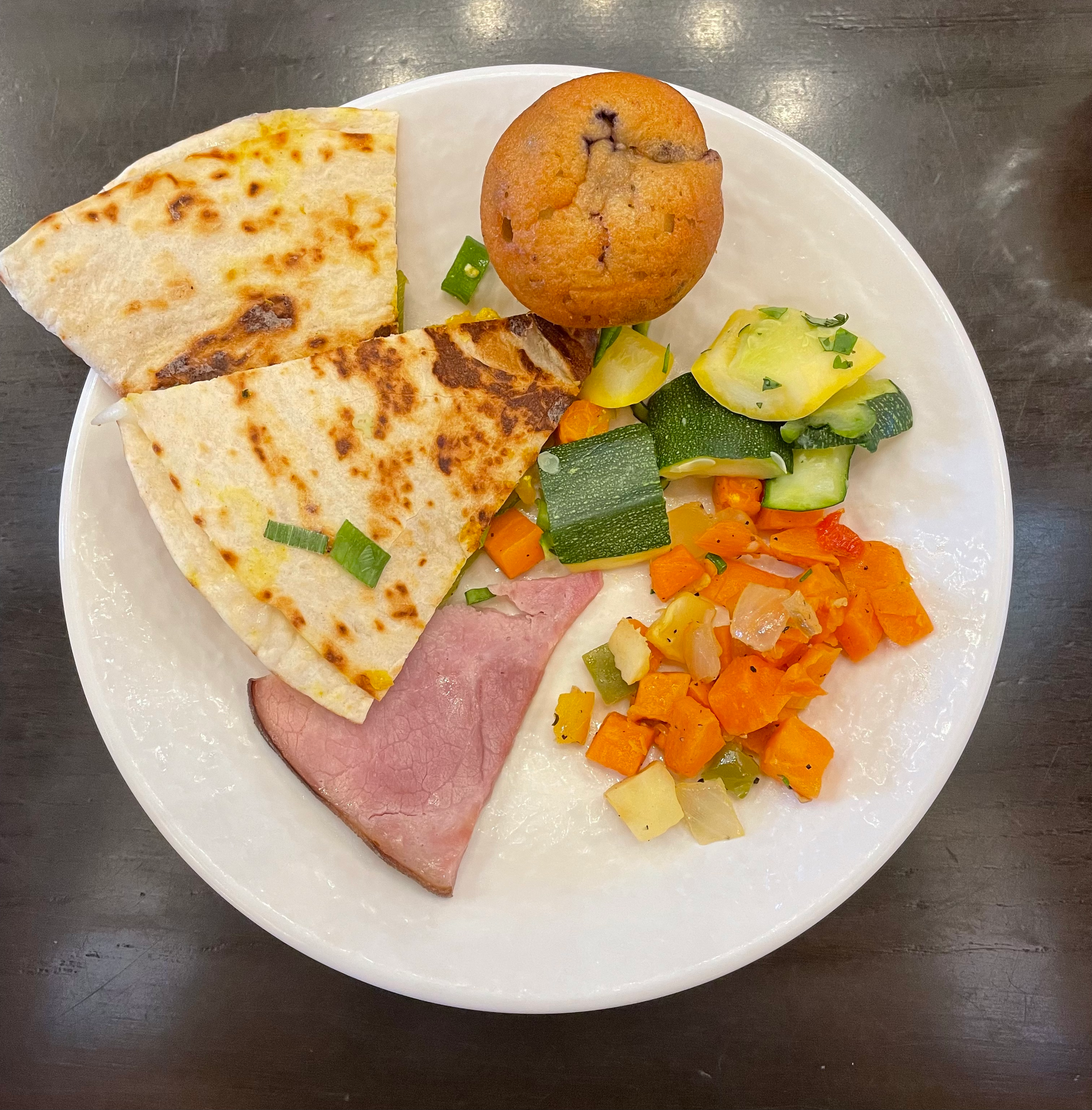 Vegan quesadilla, ham, blueberry muffin, zucchini, and random vegetables