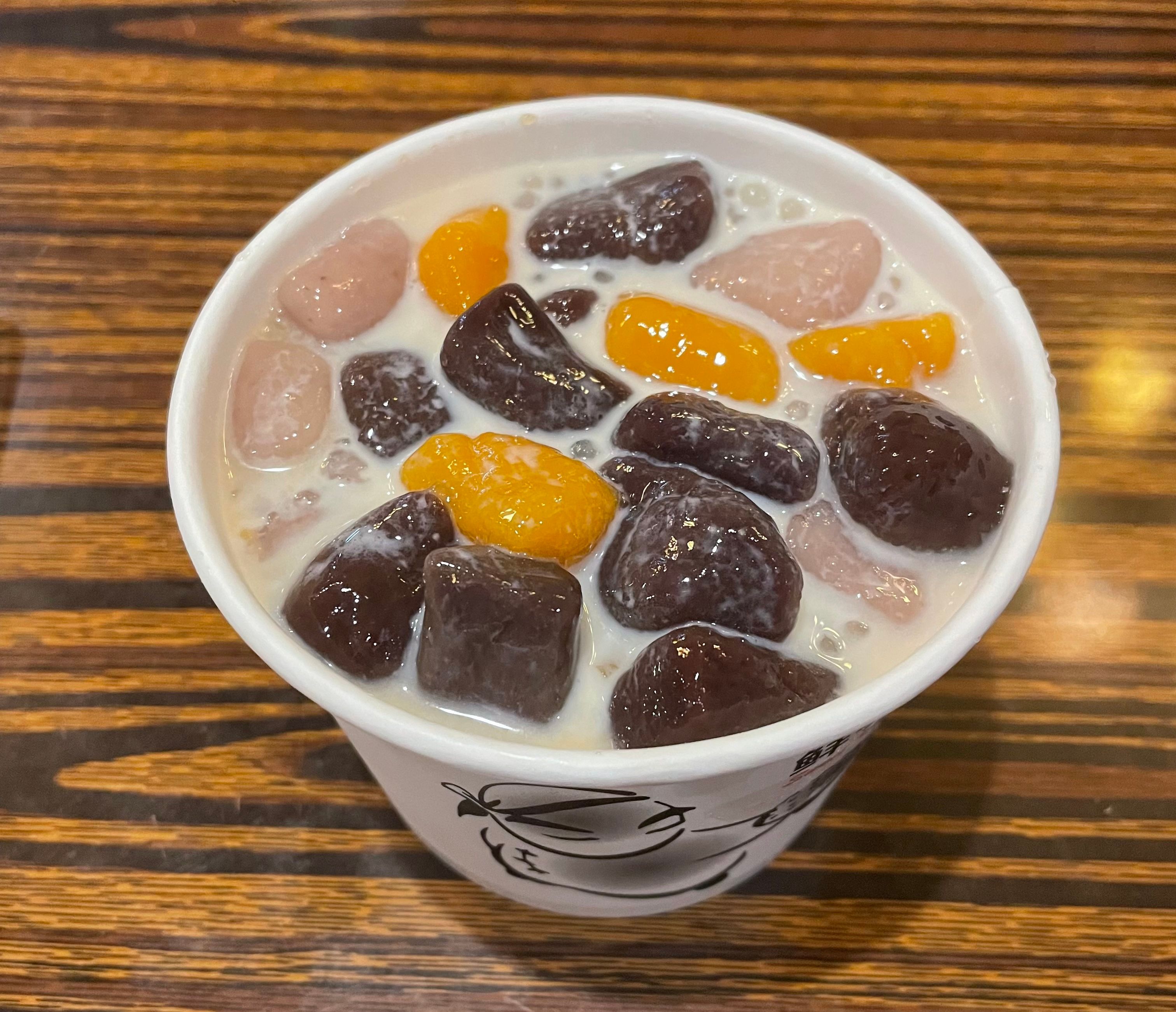 taro/sweet potato balls, sago, sweet potato, and boba; ~$10.50