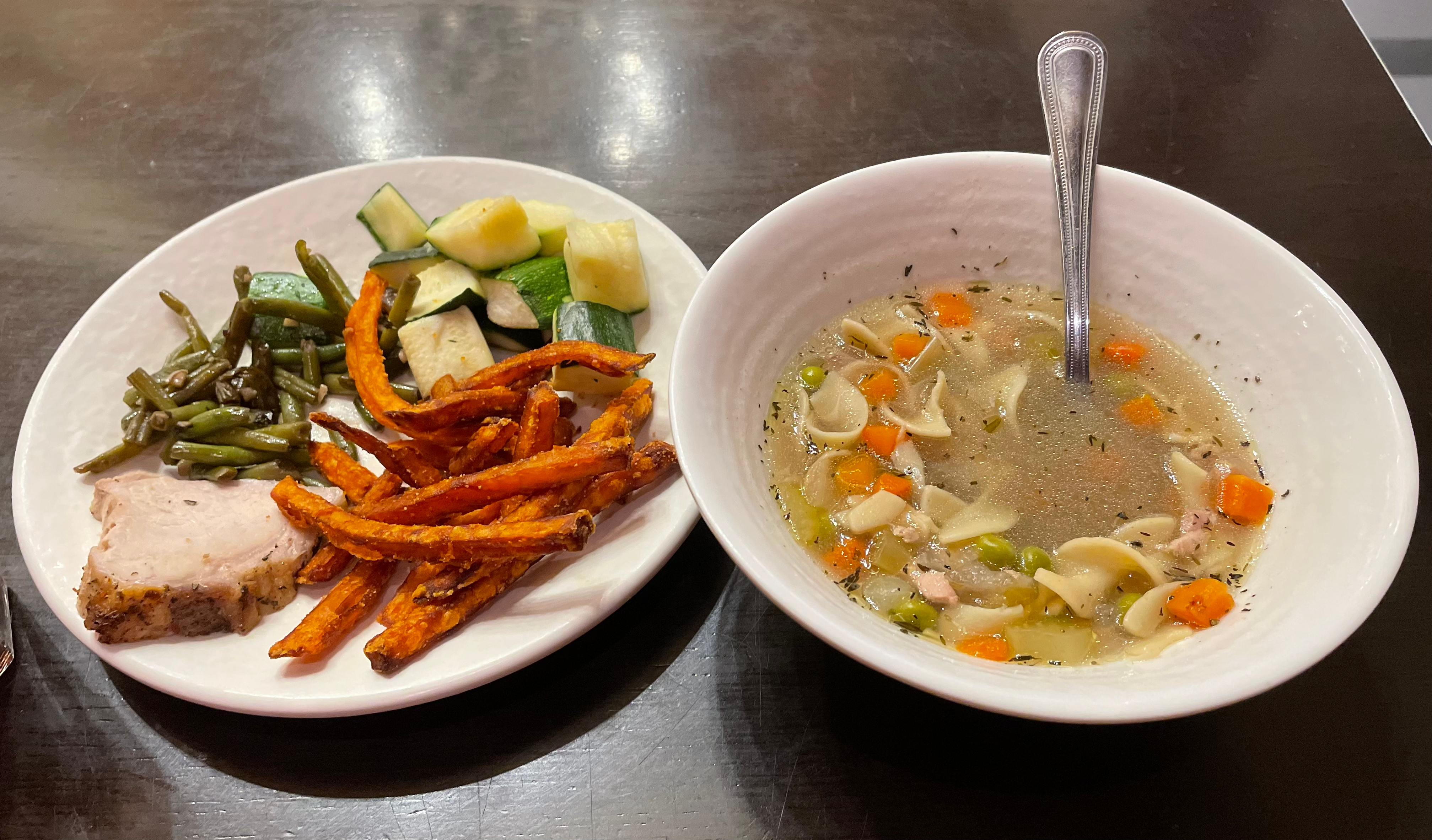 Pork, green beans, zucchini, sweet potato fries, and chicken noodle soup