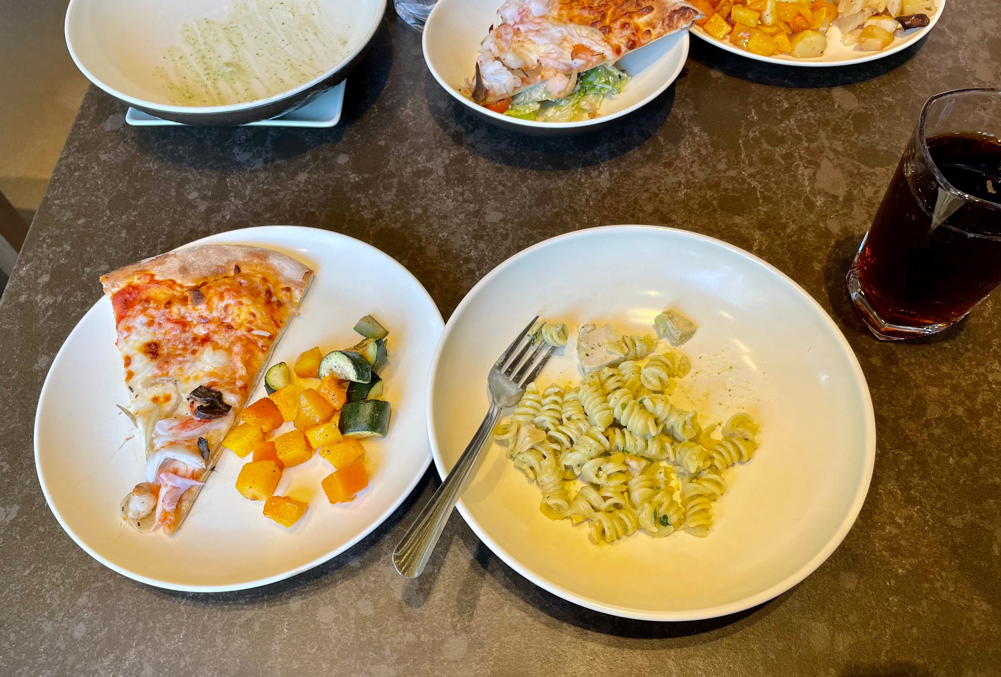 Lobster pizza, veggies, and pesto rotini